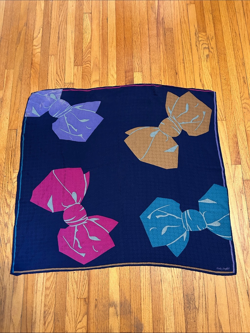 Vintage Swiss Fisba Stoffels silk scarf, print ribbons.  32.5” square